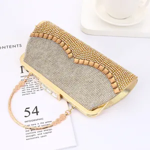 Sparkling Rhinestone Evening Clutch Bag Elegant Gold Banquet Handbag with Ring Handle