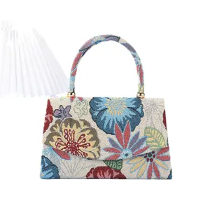 Retro floral woven handbag for women, vintage tapestry top handle bag, chic casual purse.