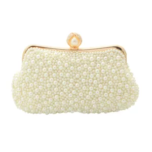 Pearl embellished evening clutch bag for women, elegant wedding bridal banquet handbag.