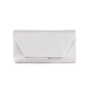 Detailed view of silver satin evening clutch bag for women parties and weddings.