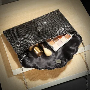 Borsa a tracolla con busta di paillettes nere da donna, pochette da sera scintillante.