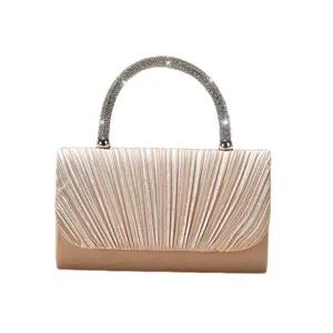 Elegant champagne satin pleated evening handbag with sparkling rhinestone handle for weddings.