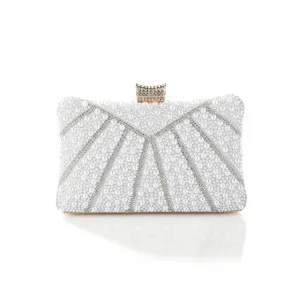 Elegant pearl evening clutch bag for women, luxury rhinestone wedding party shoulder bag.