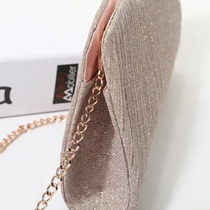 Elegant glitter evening bag for women, luxury vertical texture clutch with rose gold chain strap