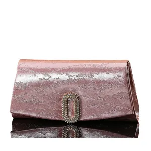 Elegant rhinestone oval buckle evening clutch bag, pink metallic textured design for women party.