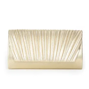 Elegant gold pleated evening clutch bag, stylish metallic crossbody purse for women parties.