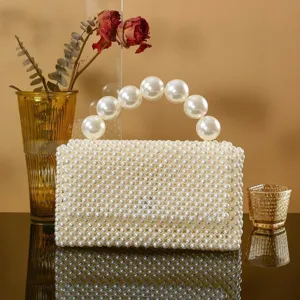 Handmade white pearl beaded handbag evening tote elegant bridal party shoulder bag accessories