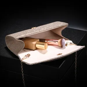 Glitter evening clutch bag for women, stylish metallic chain handbag for party wedding prom.