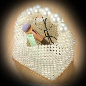 Handmade beaded pearl handbag, elegant vintage woven tote bag, chic bridal evening clutch purse.