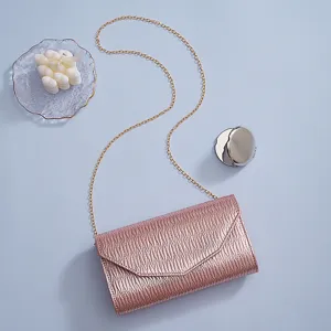 Women PU leather flap evening bag elegant metallic pink crossbody clutch chain bag daily use