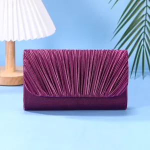 Purple pleated evening clutch bag, elegant satin finish purse for women parties weddings.