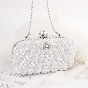 White pearl evening clutch bag with chain strap, exquisite beaded design for party and wedding.