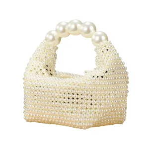 Handmade pearl beaded handbag, elegant faux pearl woven tote bag for women chic style.