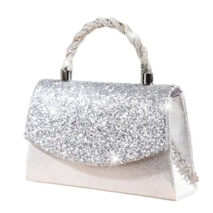 Silver sparkly sequin evening bag with crystal woven handle for women party wedding.