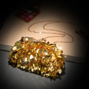 Borsa da sera dorata con paillettes e tracolla a catena, elegante pochette per donna.