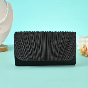 Detail view of a black pleated evening clutch bag, elegant design for parties and banquets.