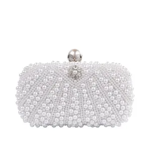 Exquisite white beaded pearl clutch detail, elegant evening bag surface with sparkling crystals.