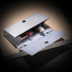 Silver satin evening clutch bag with chain strap, stylish design for parties and events.