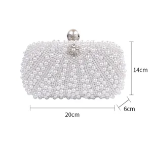 Elegant white pearl evening clutch bag with rhinestone clasp for women party and wedding events.