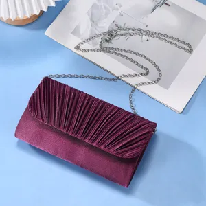 Elegant purple pleated evening clutch bag with silver chain strap for women banquets