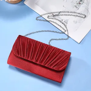 Red pleated clutch evening bag with metal chain strap, elegant women crossbody bag.