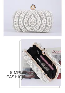 Elegant pearl evening clutch bag with full rhinestones, luxury wedding bridal handbag.