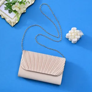 Elegant champagne pleated evening clutch bag with silver chain strap for women party weddings.