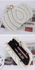 Pearl rhinestone evening clutch bag detail showing exquisite craftsmanship and elegant metal lock.