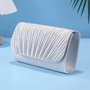 Silver pleated evening clutch bag detail, elegant satin fabric texture, stylish banquet handbag.