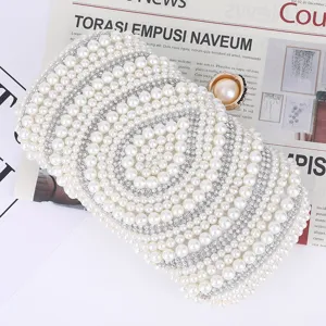 Elegant pearl evening clutch bag with sparkling rhinestones, perfect for weddings or parties.