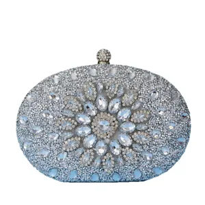 Stunning rhinestone crystal evening clutch bag, elegant oval bridal purse for party and wedding.