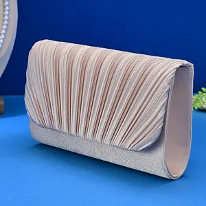 Elegant champagne pleated evening clutch bag for women, stylish party handbag accessories.