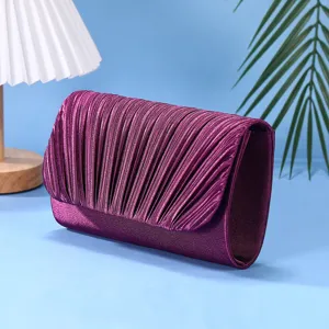Purple pleated evening clutch bag, elegant design, ideal for parties, weddings, and formal events.