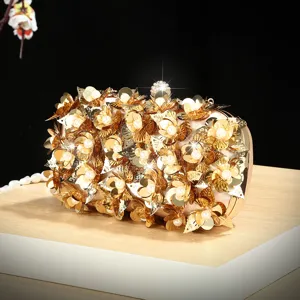 Handgemaakte pailletten bloem avond clutch tas met parels voor dames feestelijke party.