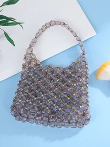 Elegant grey beaded evening bag with shimmering rhinestone accents and hollow woven design for women.