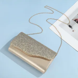Borsa da sera glitterata dorata con tracolla a catena per donna borsa a spalla per feste