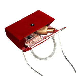 Red velvet evening bag with rhinestone handle and chain strap, elegant clutch for women.