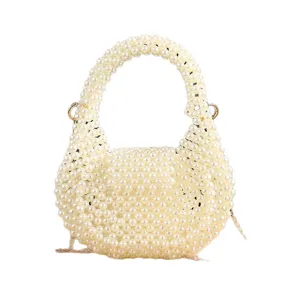 Handmade ivory pearl beaded handbag, vintage elegant evening party wrist bag for women.