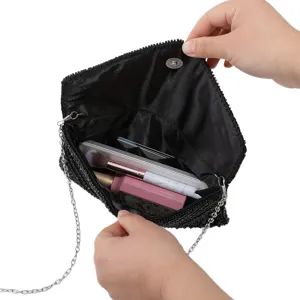 Elegant black rhinestone evening clutch bag with chain strap for women party prom wedding
