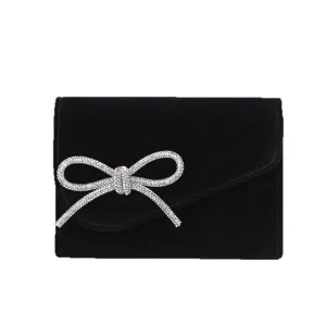 Schwarze Samt Abendtasche Clutch mit glitzernden Strass Schleife elegant Damen Handtasche