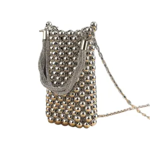 Elegant metallic beaded phone bag, stylish crossbody shoulder bag for evening parties and daily wear.