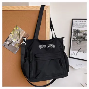 Μαύρη νάιλον τσάντα tote μεγάλη χωρητικότητα casual σχολική τσάντα γυναικεία ώμου.