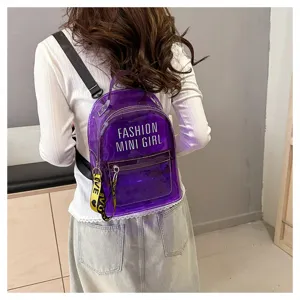 Mochila mini morada transparente para mujer, elegante mochila de gelatina de PVC con letras.