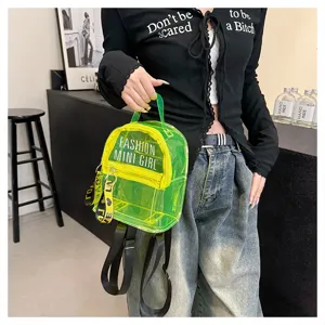 Mini mochila jelly verde neón transparente para mujer, bolso casual de PVC impermeable.