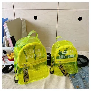 Mochila transparente de gelatina, amarilla neón impermeable casual con estampado de letras.