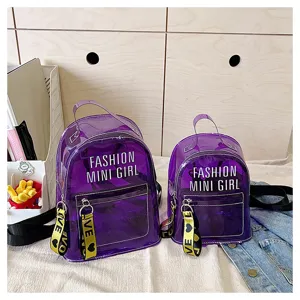 Conjunto de mochila jelly transparente, elegante bolso escolar de PVC morado para mujeres.