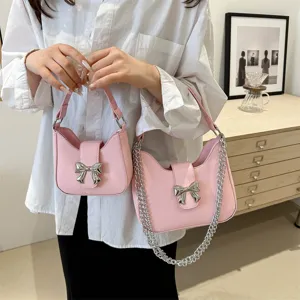 Vrouwen roze hobo schoudertas schattige strik PU leer oksel handtas stijlvolle casual tas