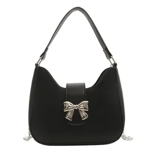 Vrouwen zwarte schoudertas elegante strik PU leer casual dagelijkse handtas lente nieuw