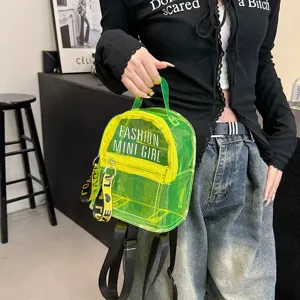 Mochila mini transparente de gelatina verde neon, bolso casual de PVC estilo para verano.