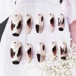 Uñas postizas estampado vaca long coffin uñas postizas set tendencia nail art mujeres